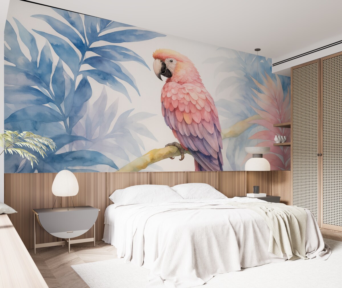 Fototapeta Różowa papuga spoczywająca na gałęzi przypomina obraz.