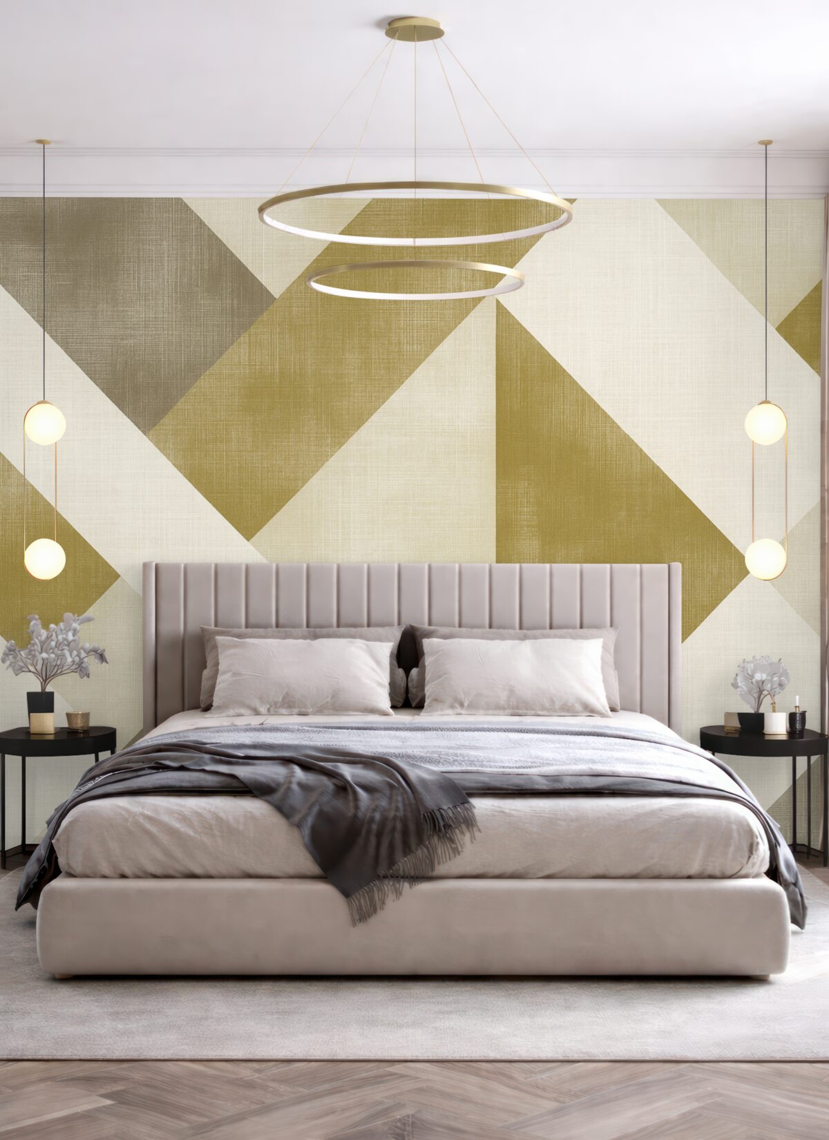 Fototapeta Wsp współczesny geometryczny wzór tapety z pokrywającymi się figurami w subtelnych tonacjach beżu, oliwkowego i taupe.