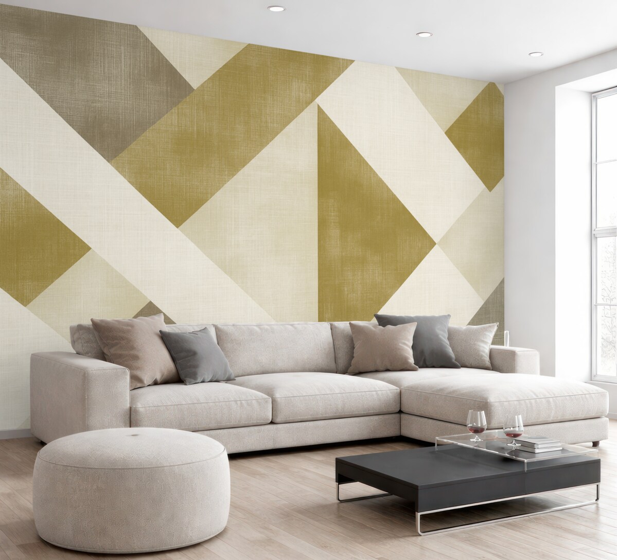 Fototapeta Wsp współczesny geometryczny wzór tapety z pokrywającymi się figurami w subtelnych tonacjach beżu, oliwkowego i taupe.