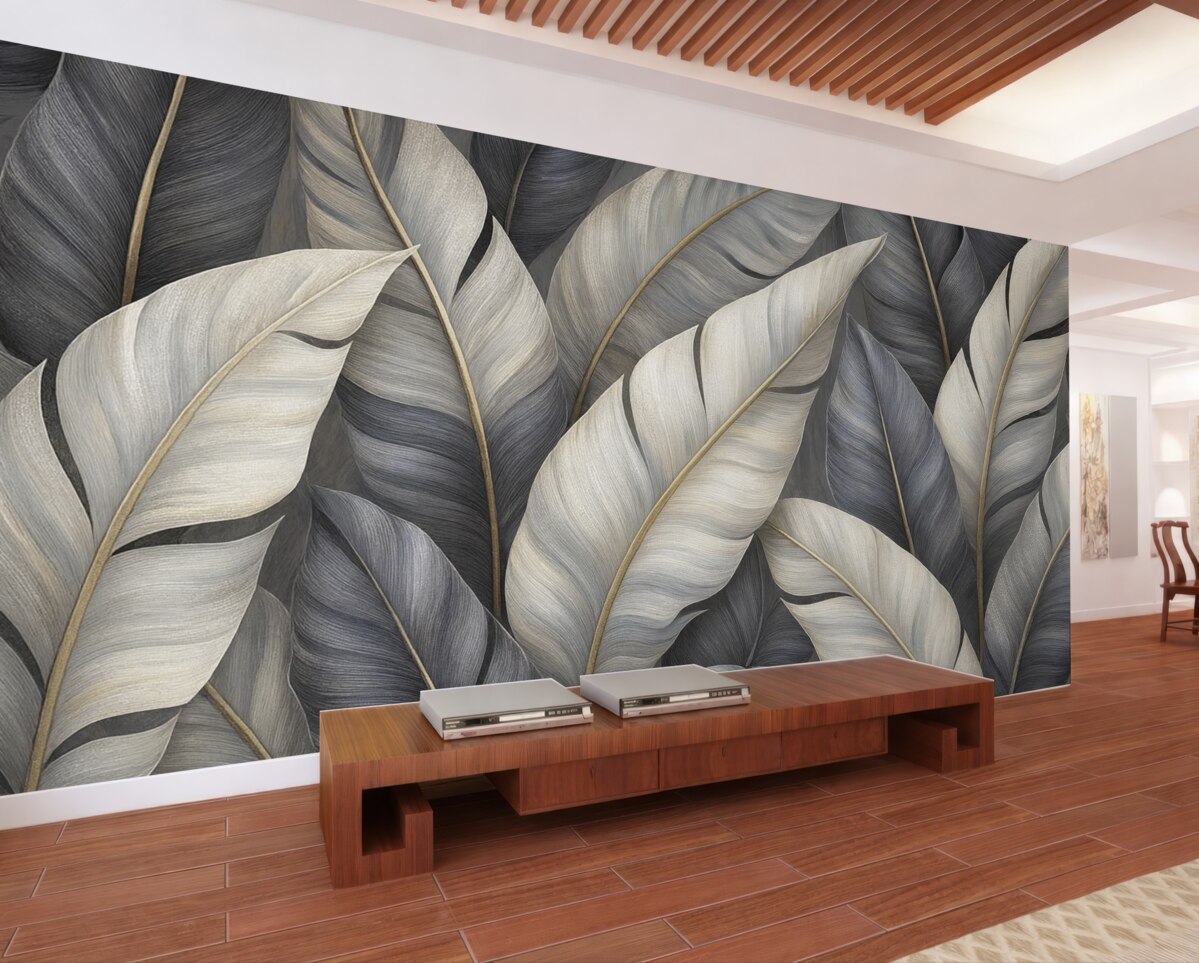 Fototapeta Wytworna tapeta z dużymi liśćmi tropikalnymi.