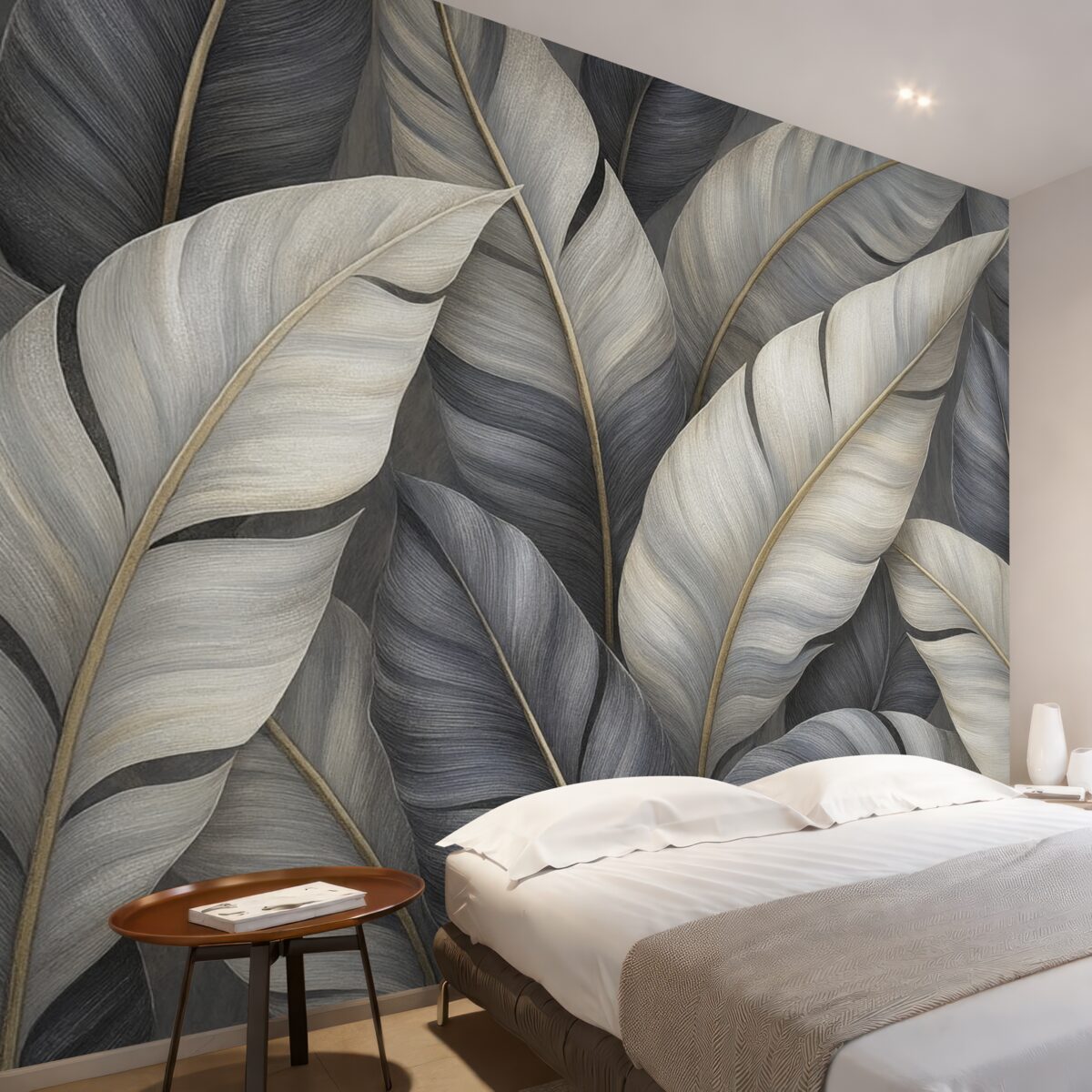 Fototapeta Wytworna tapeta z dużymi liśćmi tropikalnymi.