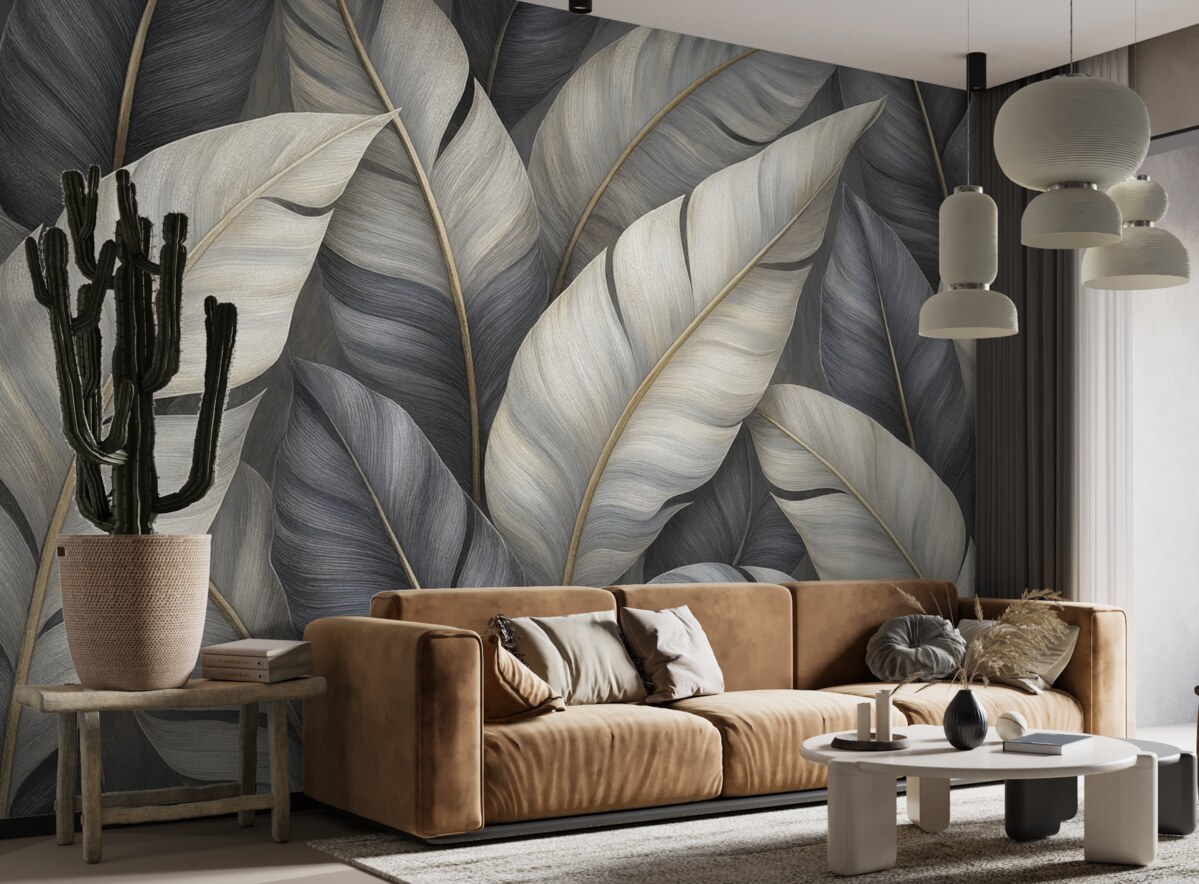 Fototapeta Wytworna tapeta z dużymi liśćmi tropikalnymi.