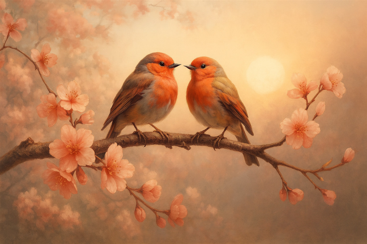 Fototapeta Cicha i romantyczna scena z dwoma maleńkimi ptaszkami siedzącymi na subtelnej gałęzi przystrojonej jasnoróżowymi kwiatuszkami.