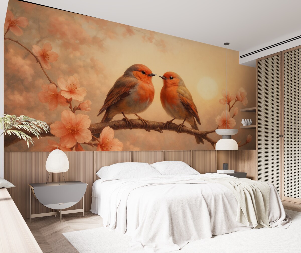 Fototapeta Cicha i romantyczna scena z dwoma maleńkimi ptaszkami siedzącymi na subtelnej gałęzi przystrojonej jasnoróżowymi kwiatuszkami.