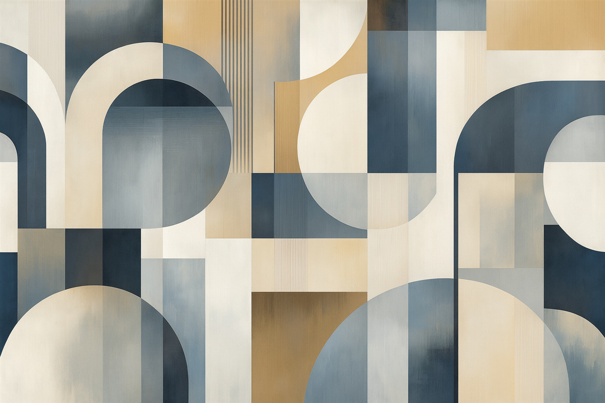 Fototapeta Tapeta w stylu Art Deco z geometrycznym wzorem w tonacjach niebieskiego, beżowego i mlecznego.