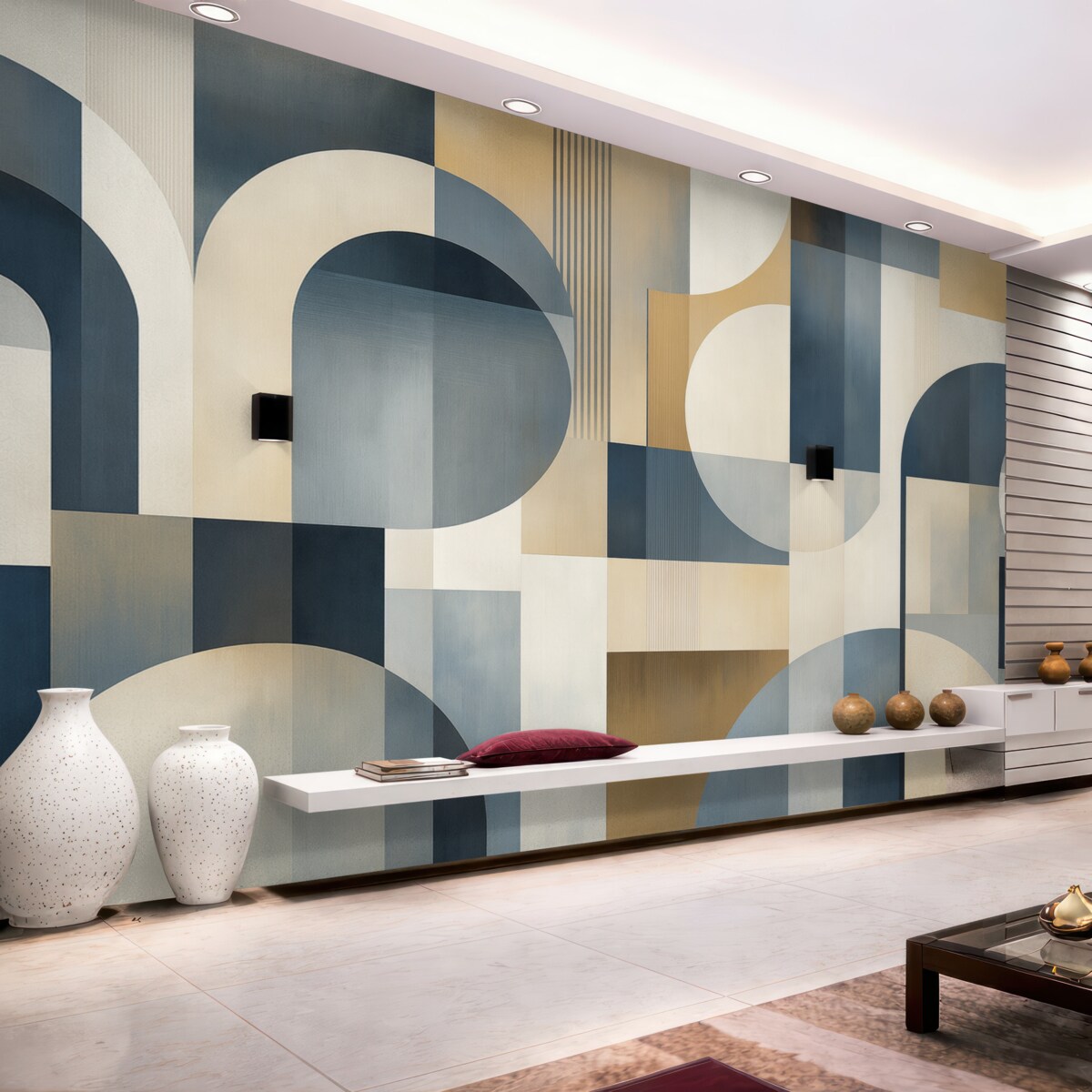 Fototapeta Tapeta w stylu Art Deco z geometrycznym wzorem w tonacjach niebieskiego, beżowego i mlecznego.