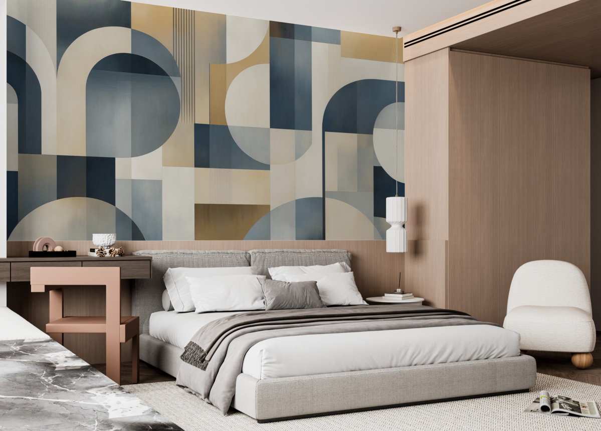 Fototapeta Tapeta w stylu Art Deco z geometrycznym wzorem w tonacjach niebieskiego, beżowego i mlecznego.