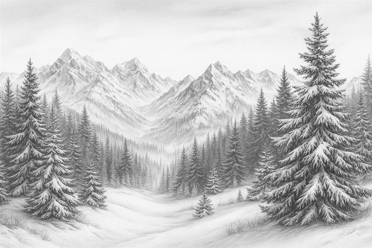 Fototapeta Alpejskie pasma górskie w białym puchu, styl rysunkowy, oszczędność formy.