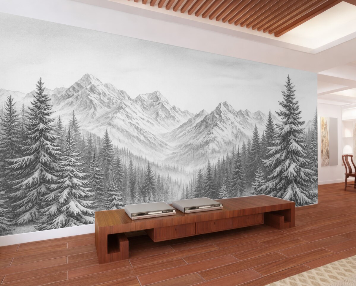 Fototapeta Alpejskie pasma górskie w białym puchu, styl rysunkowy, oszczędność formy.