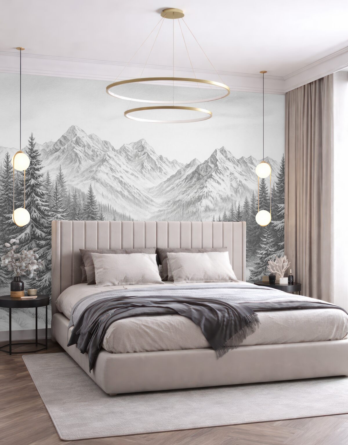 Fototapeta Alpejskie pasma górskie w białym puchu, styl rysunkowy, oszczędność formy.