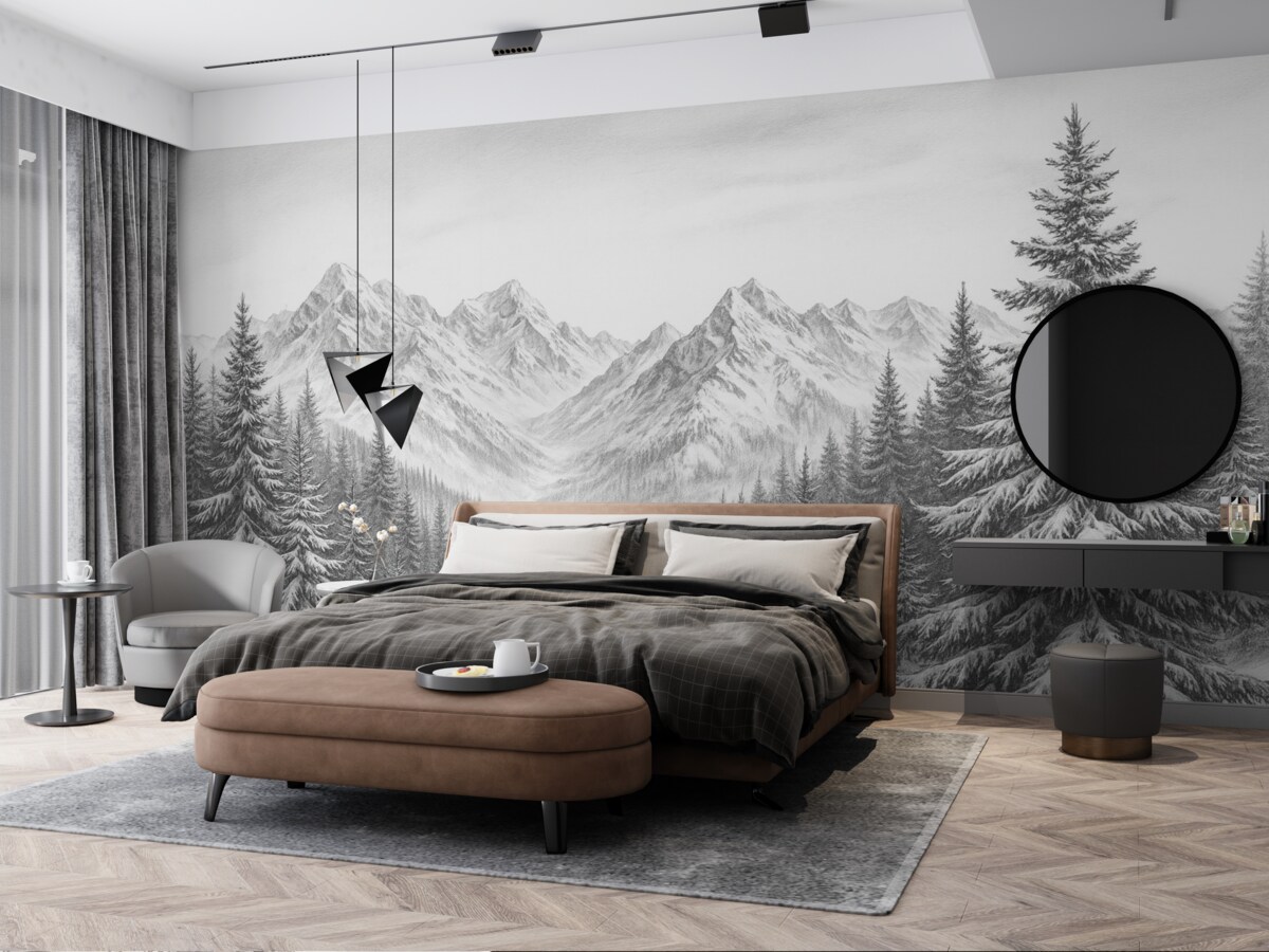 Fototapeta Alpejskie pasma górskie w białym puchu, styl rysunkowy, oszczędność formy.