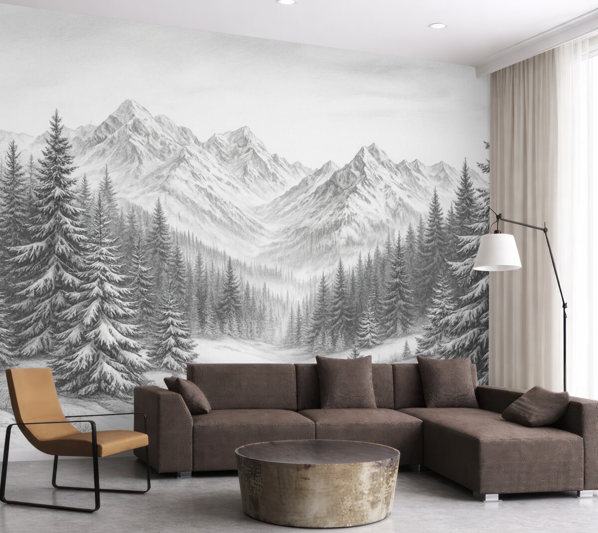 Fototapeta Alpejskie pasma górskie w białym puchu, styl rysunkowy, oszczędność formy.