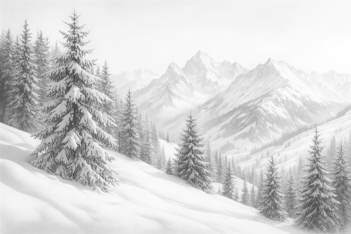 Fototapeta Zimowy krajobraz górski, las, Alpy, szkic ołówkiem, widoki przyrody.