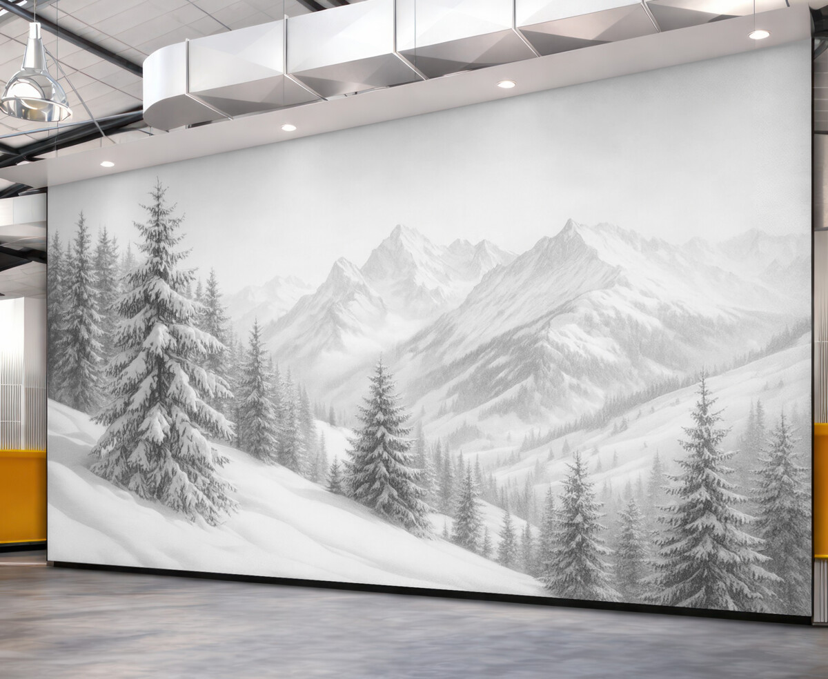 Fototapeta Zimowy krajobraz górski, las, Alpy, szkic ołówkiem, widoki przyrody.