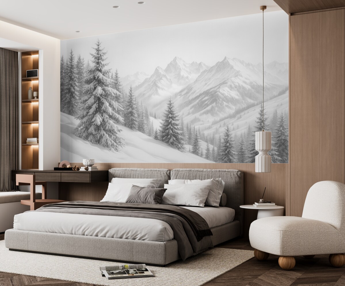 Fototapeta Zimowy krajobraz górski, las, Alpy, szkic ołówkiem, widoki przyrody.