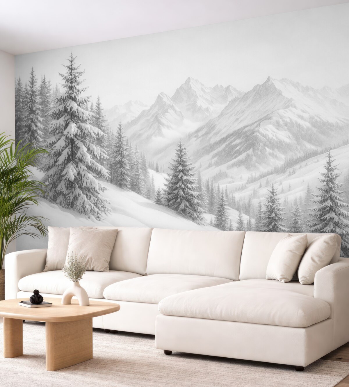 Fototapeta Zimowy krajobraz górski, las, Alpy, szkic ołówkiem, widoki przyrody.