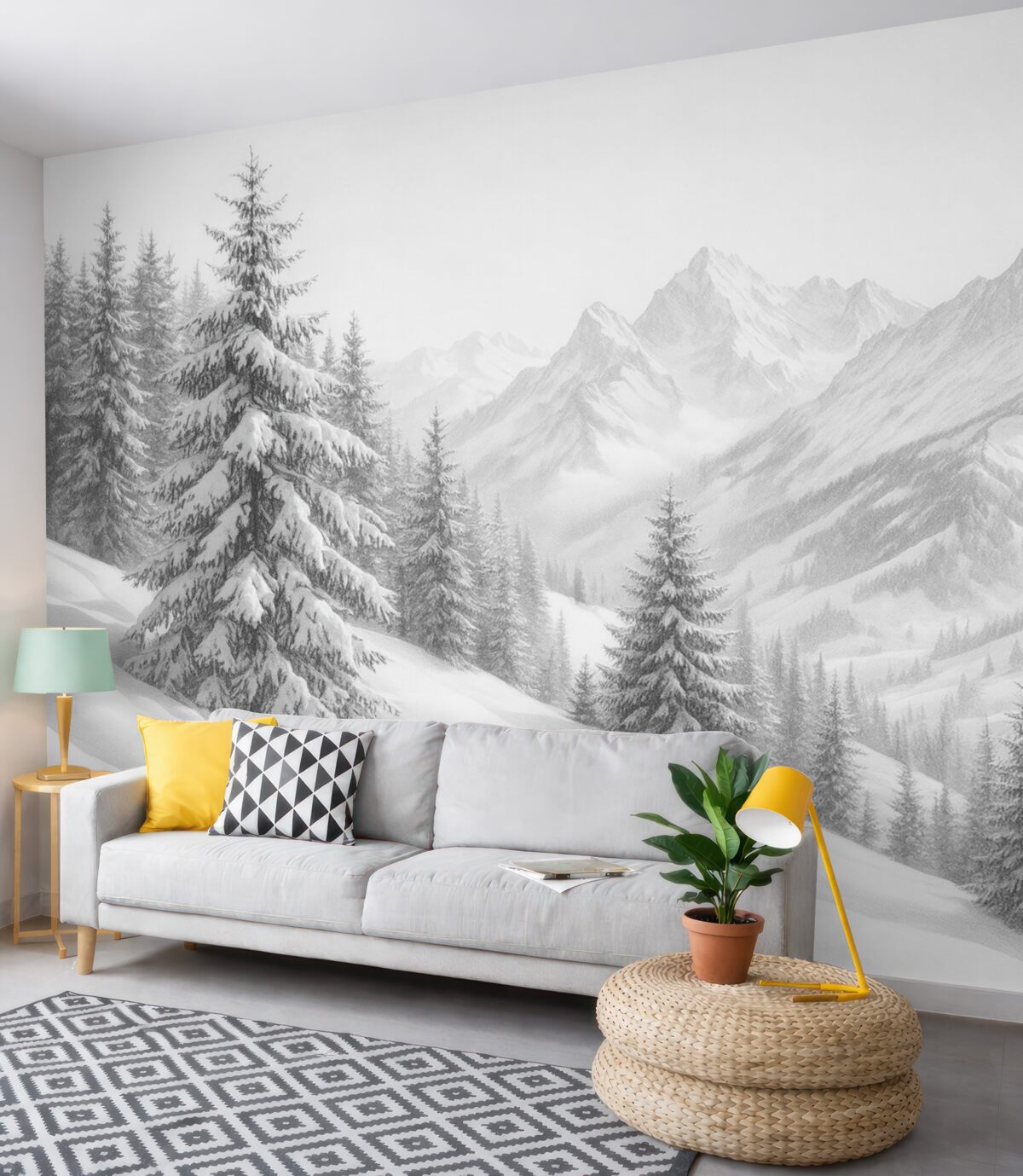 Fototapeta Zimowy krajobraz górski, las, Alpy, szkic ołówkiem, widoki przyrody.