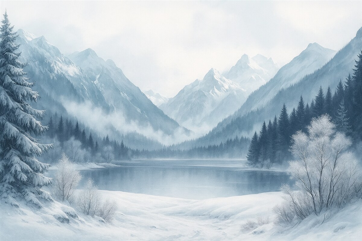 Fototapeta Zimowe szczyty, zamarznięta tafla jeziora, sosnowy zagajnik, niebieski zestaw barw, technika akwareli.