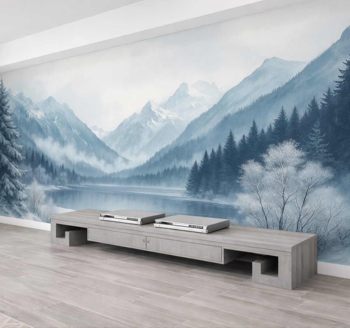 Fototapeta Zimowe szczyty, zamarznięta tafla jeziora, sosnowy zagajnik, niebieski zestaw barw, technika akwareli.