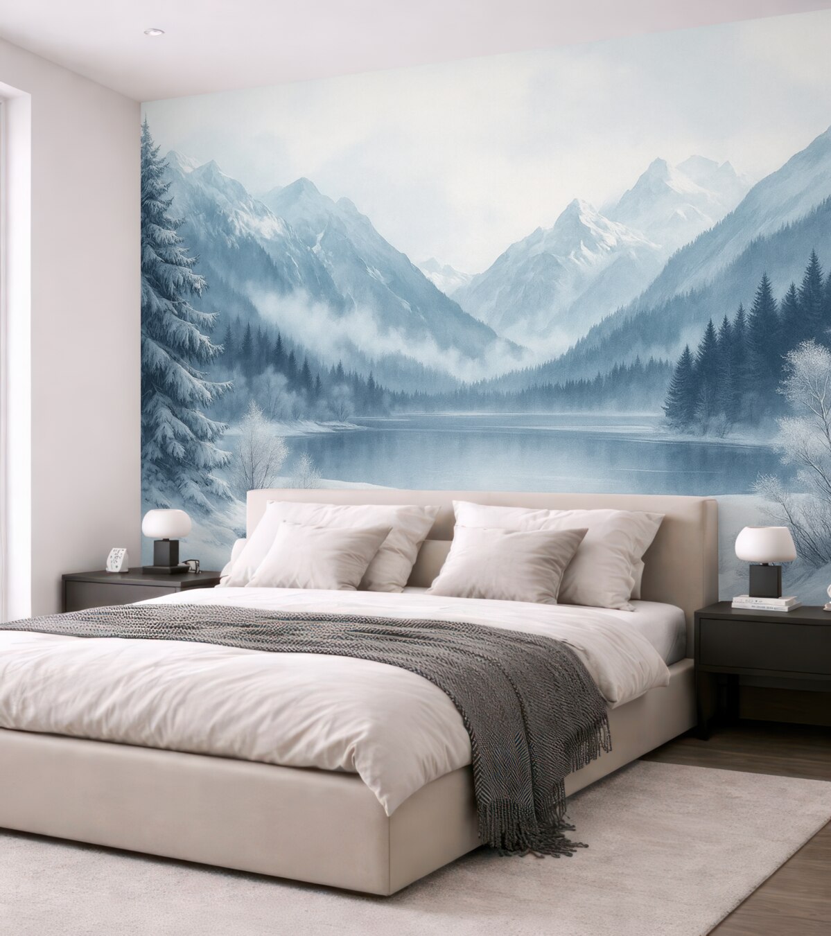 Fototapeta Zimowe szczyty, zamarznięta tafla jeziora, sosnowy zagajnik, niebieski zestaw barw, technika akwareli.