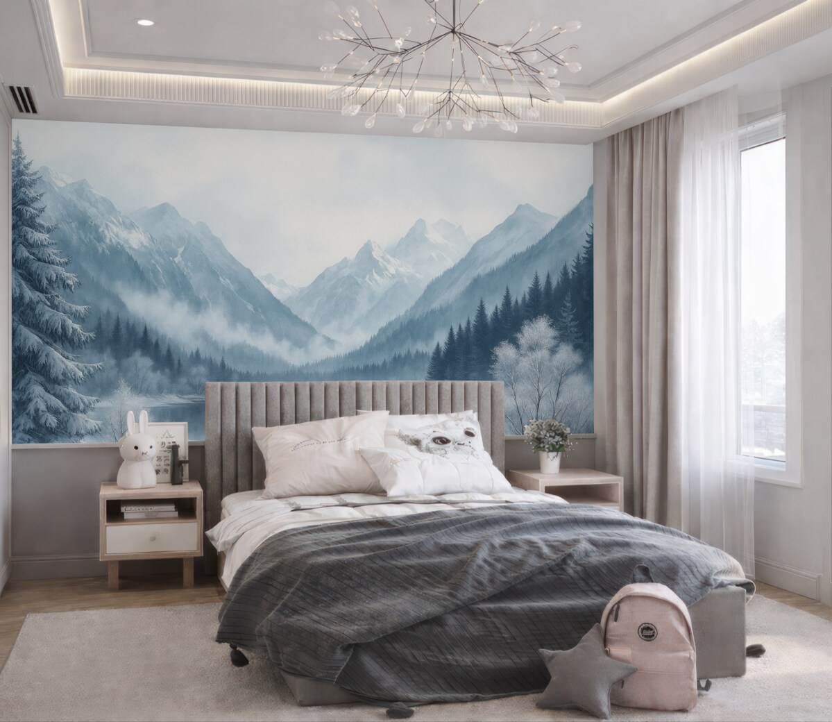 Fototapeta Zimowe szczyty, zamarznięta tafla jeziora, sosnowy zagajnik, niebieski zestaw barw, technika akwareli.