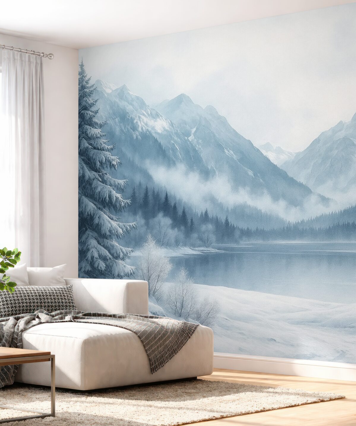 Fototapeta Zimowe szczyty, zamarznięta tafla jeziora, sosnowy zagajnik, niebieski zestaw barw, technika akwareli.