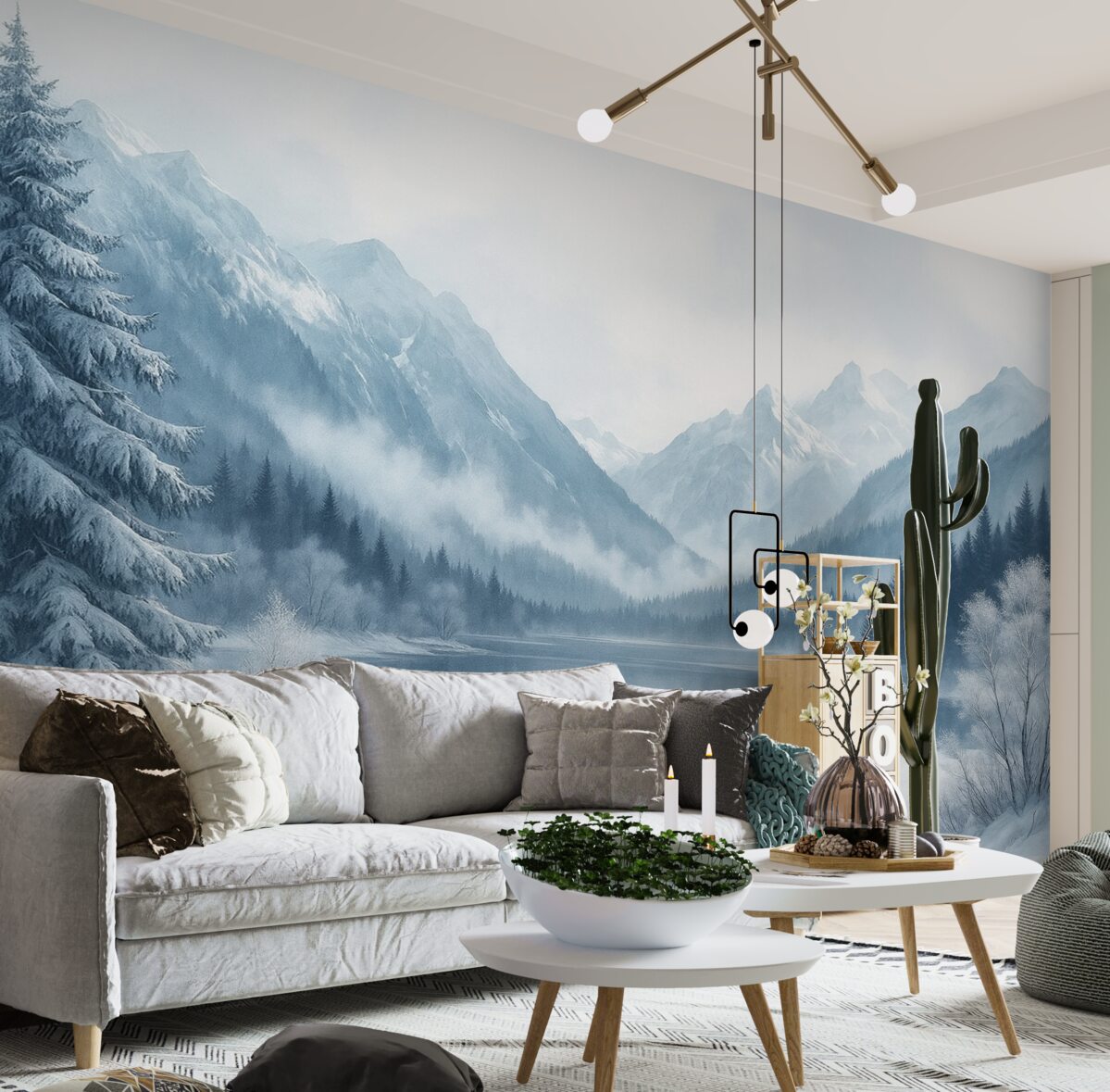 Fototapeta Zimowe szczyty, zamarznięta tafla jeziora, sosnowy zagajnik, niebieski zestaw barw, technika akwareli.