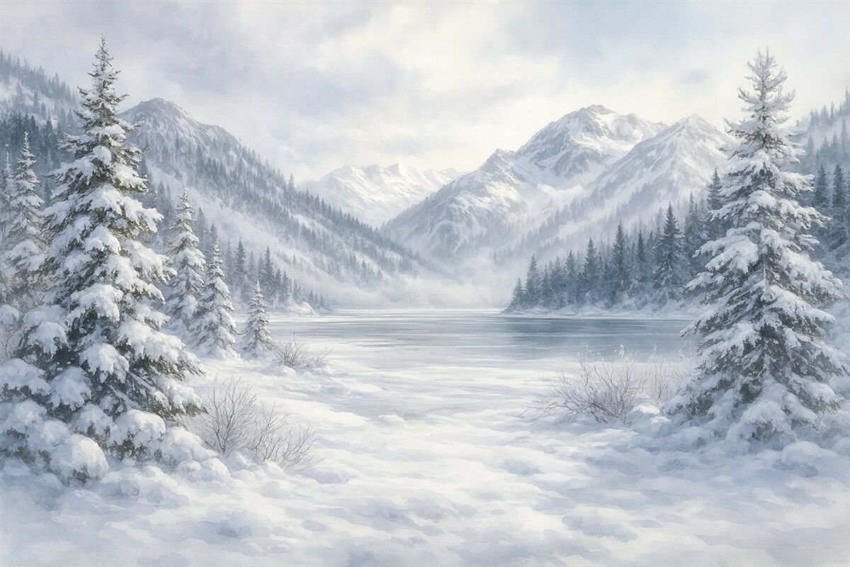 Fototapeta Zaśnieżone szczyty, akryl, mroźny las, przyroda.