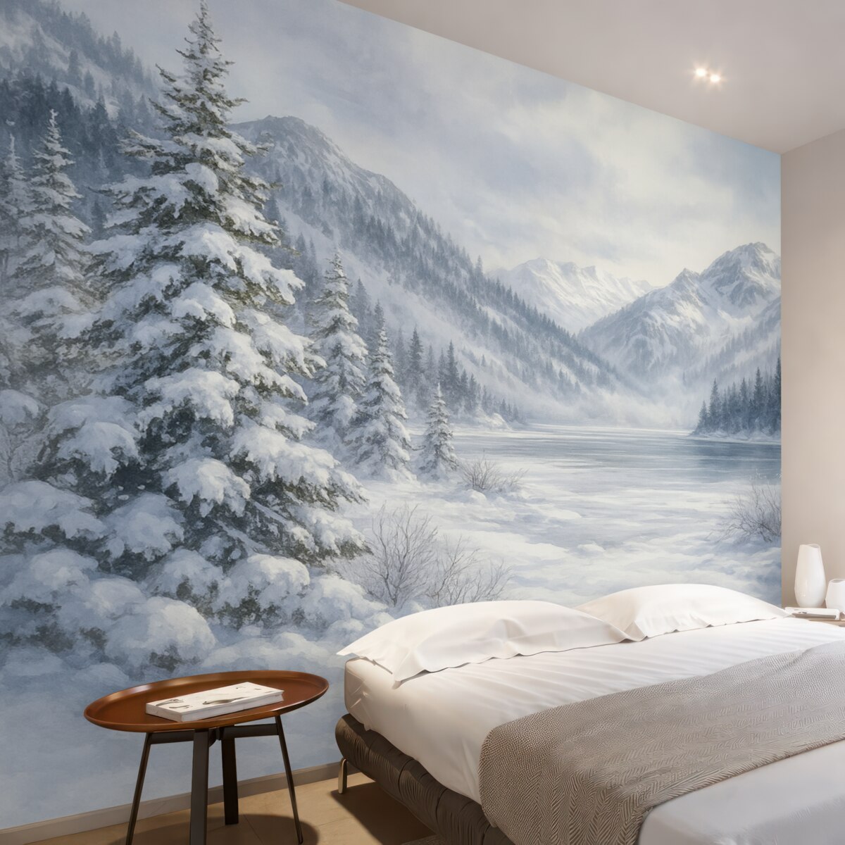 Fototapeta Zaśnieżone szczyty, akryl, mroźny las, przyroda.