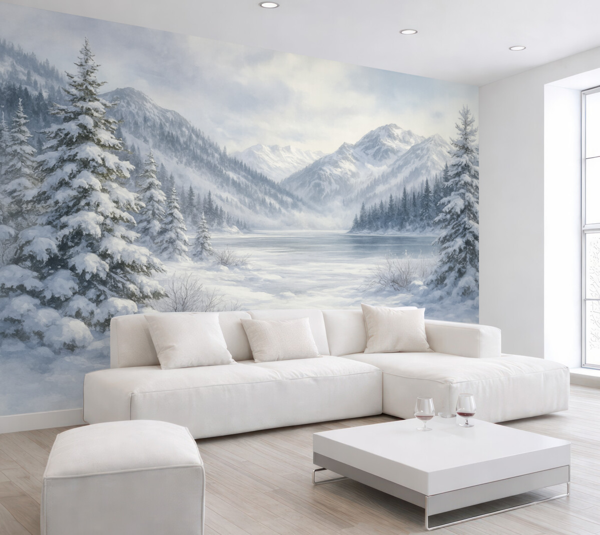 Fototapeta Zaśnieżone szczyty, akryl, mroźny las, przyroda.