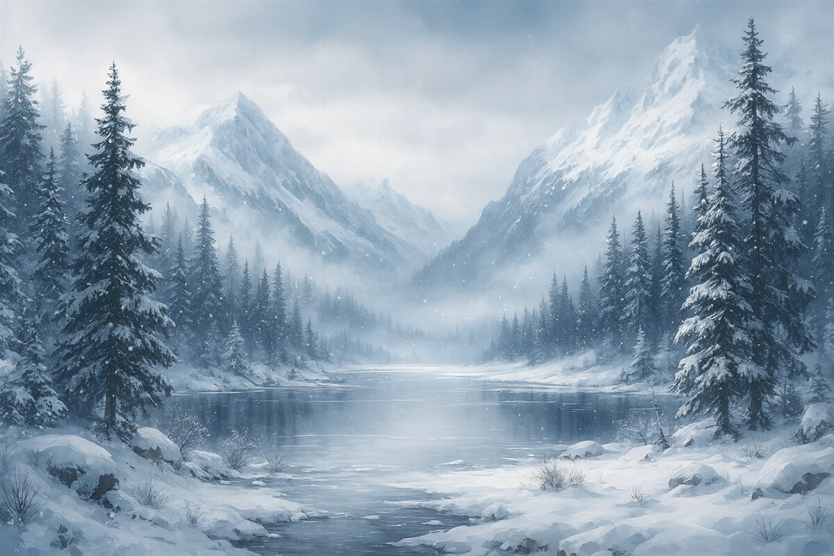 Fototapeta Góry alpejskie przykryte śniegiem, akwarela, sezon zimowy, błękitne odcienie, drzewa sosnowe.