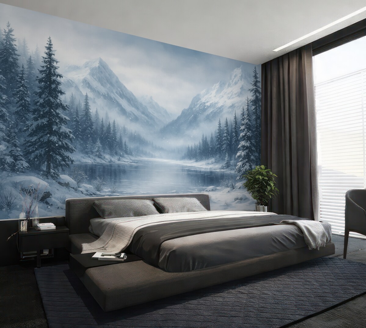 Fototapeta Góry alpejskie przykryte śniegiem, akwarela, sezon zimowy, błękitne odcienie, drzewa sosnowe.