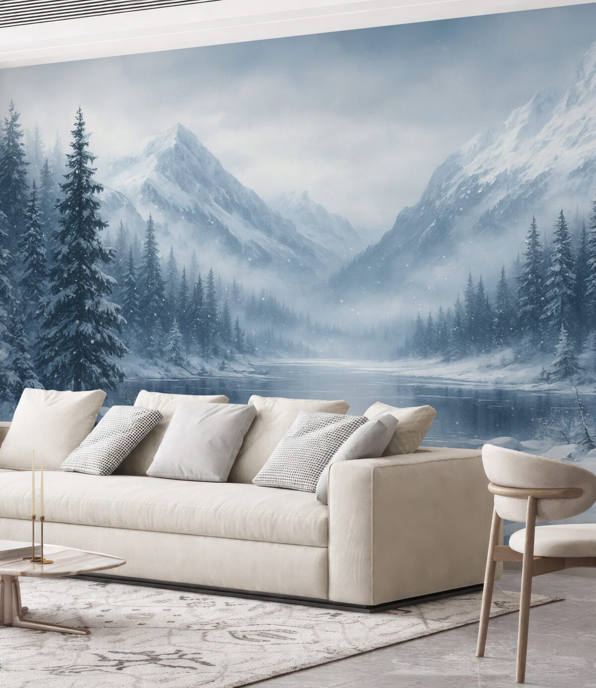 Fototapeta Góry alpejskie przykryte śniegiem, akwarela, sezon zimowy, błękitne odcienie, drzewa sosnowe.