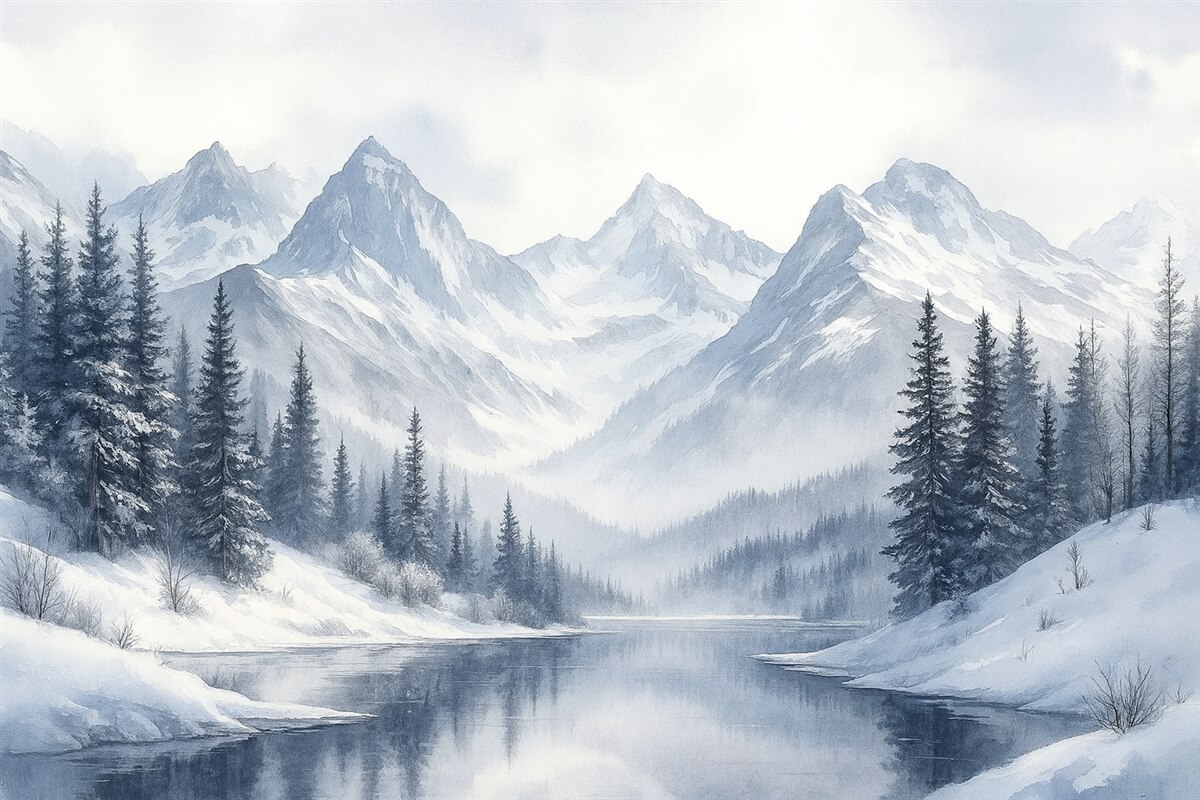 Fototapeta Góry z jeziorem, zima, las, niebo przy zachodzie słońca, przyroda.