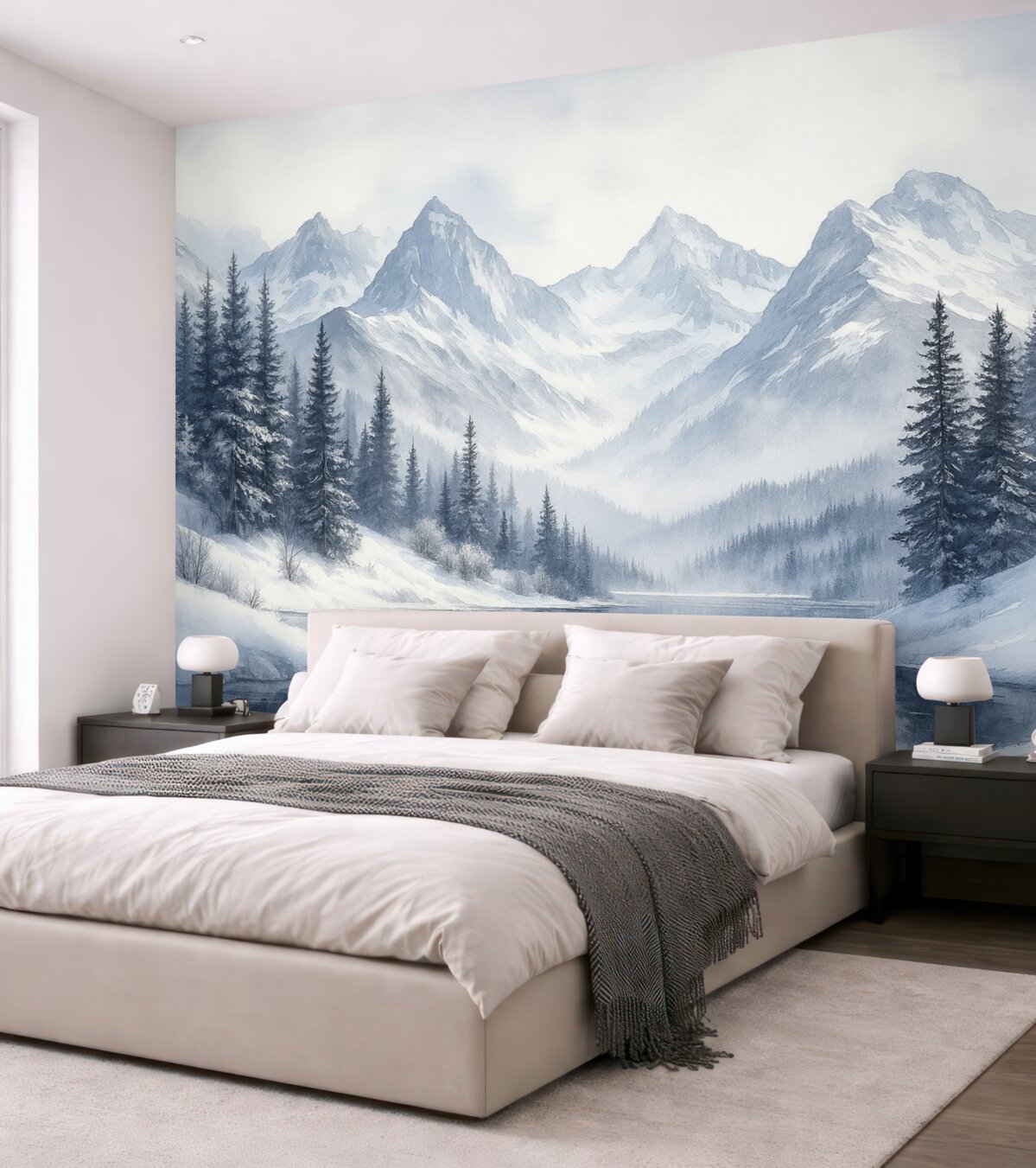 Fototapeta Góry z jeziorem, zima, las, niebo przy zachodzie słońca, przyroda.