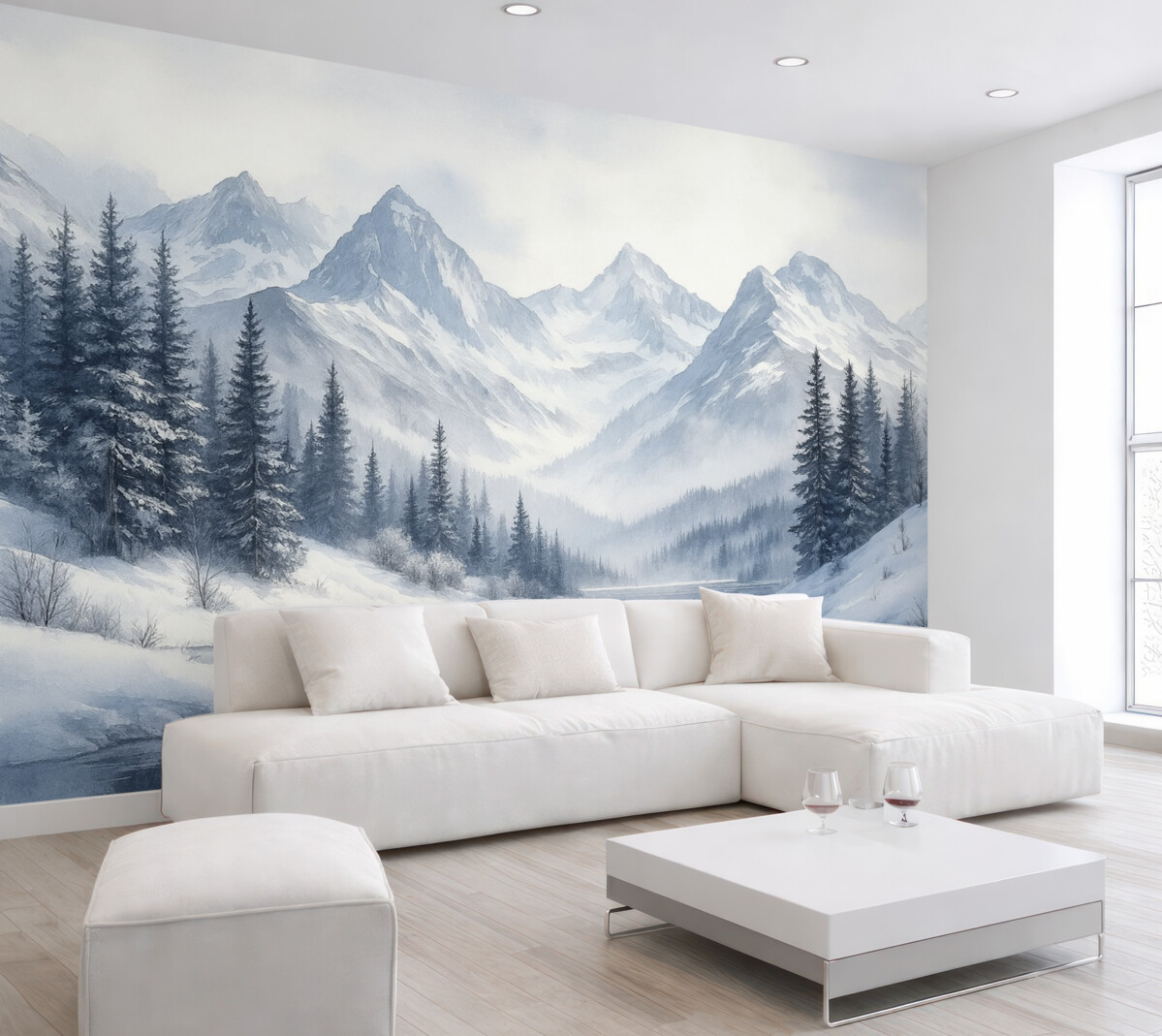 Fototapeta Góry z jeziorem, zima, las, niebo przy zachodzie słońca, przyroda.