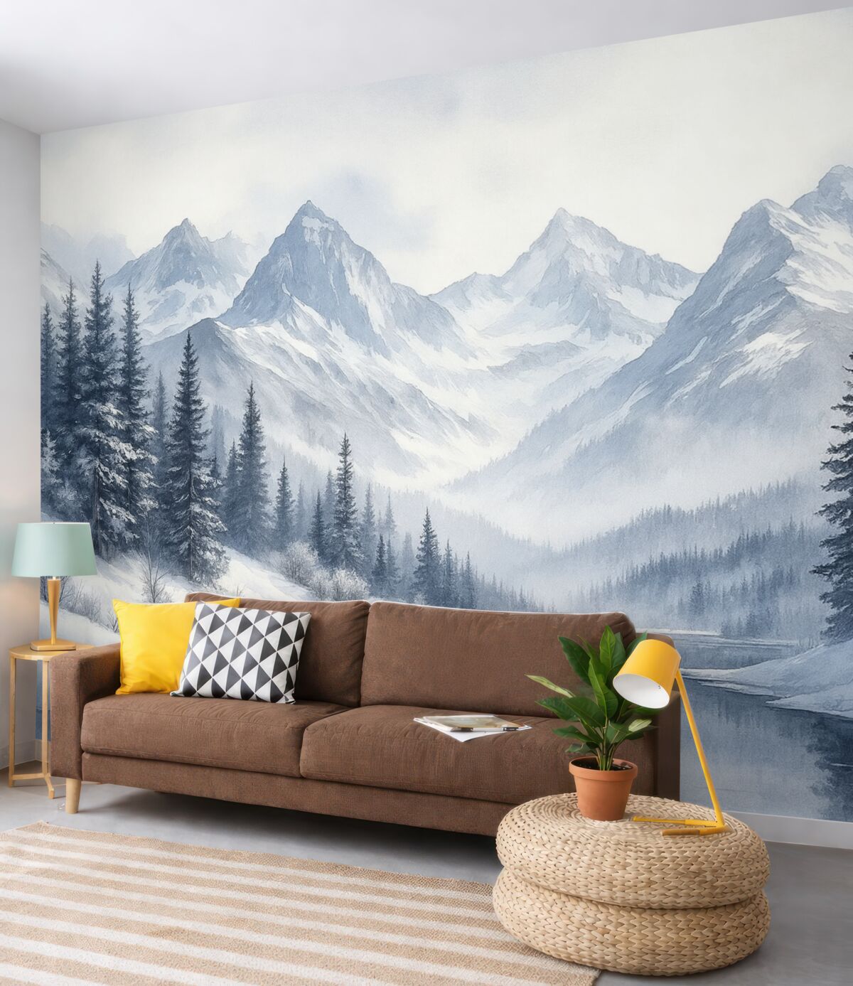 Fototapeta Góry z jeziorem, zima, las, niebo przy zachodzie słońca, przyroda.