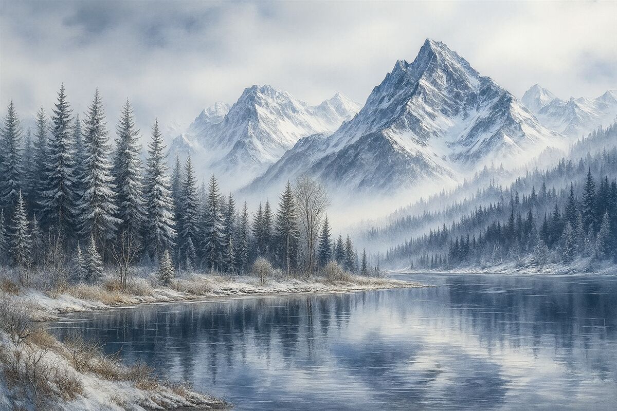 Fototapeta Alpy pokryte śniegiem, zimowy las, lodowate jezioro, błękitna gama barw.