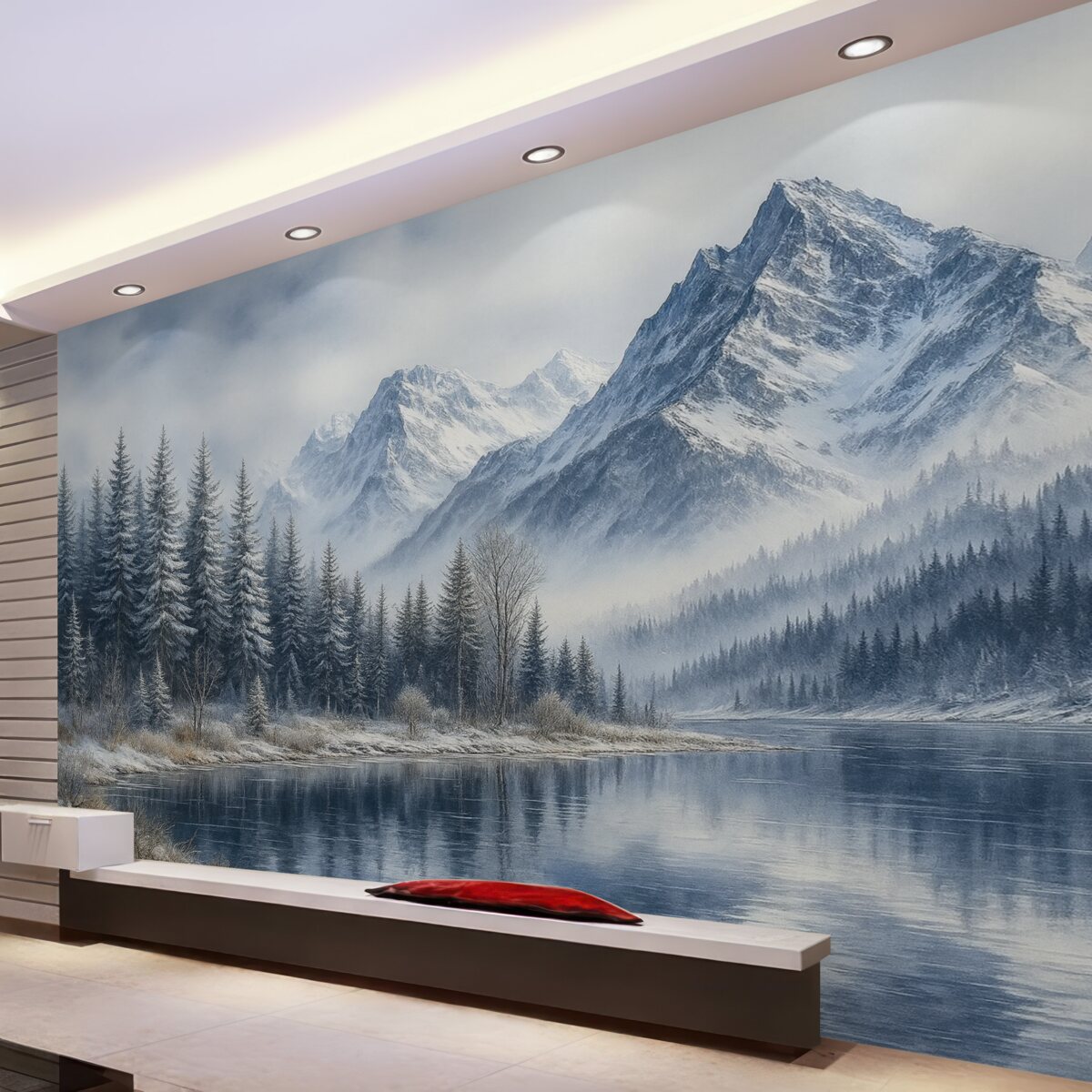 Fototapeta Alpy pokryte śniegiem, zimowy las, lodowate jezioro, błękitna gama barw.