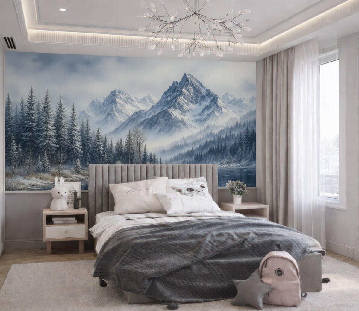 Fototapeta Alpy pokryte śniegiem, zimowy las, lodowate jezioro, błękitna gama barw.