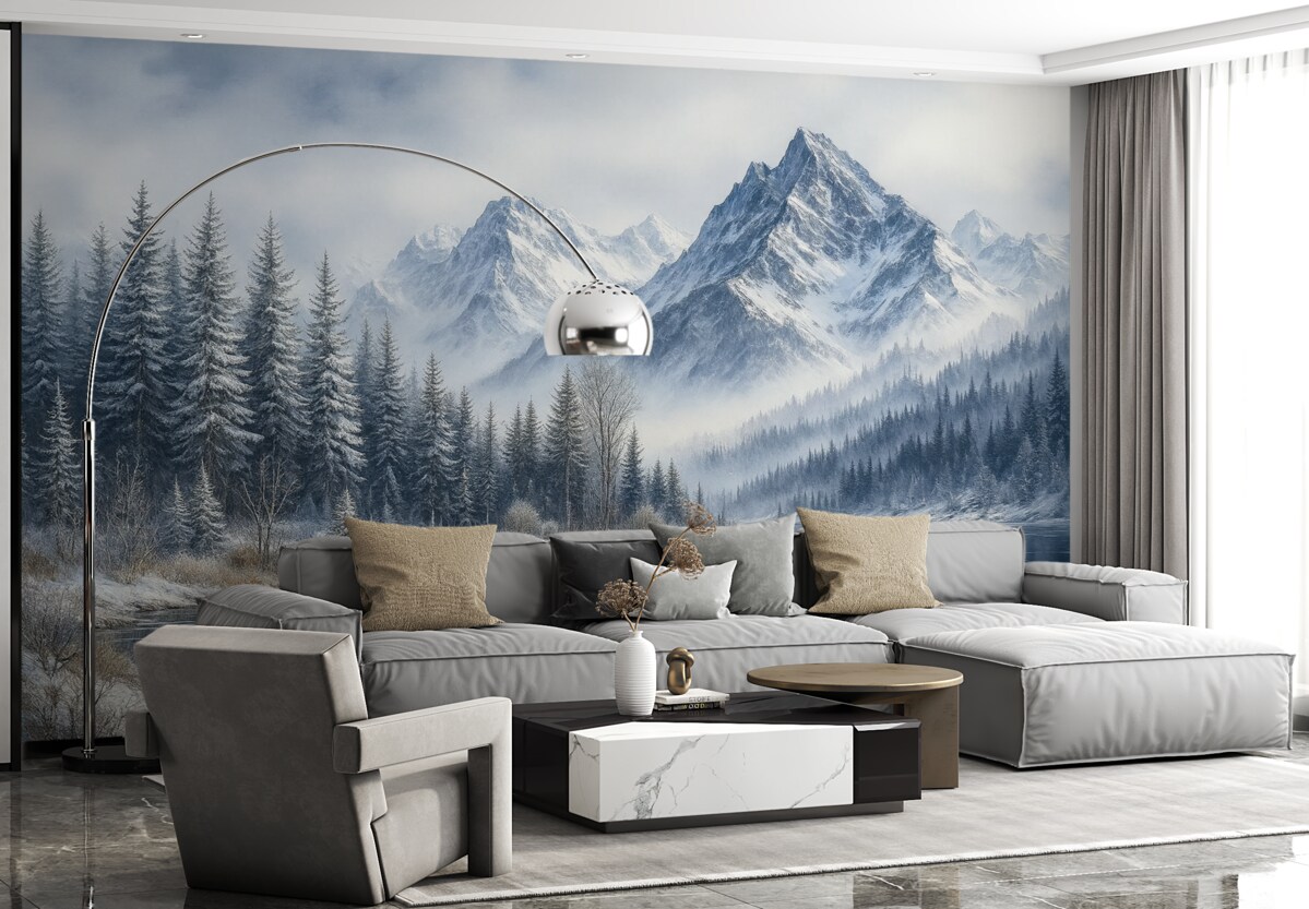 Fototapeta Alpy pokryte śniegiem, zimowy las, lodowate jezioro, błękitna gama barw.