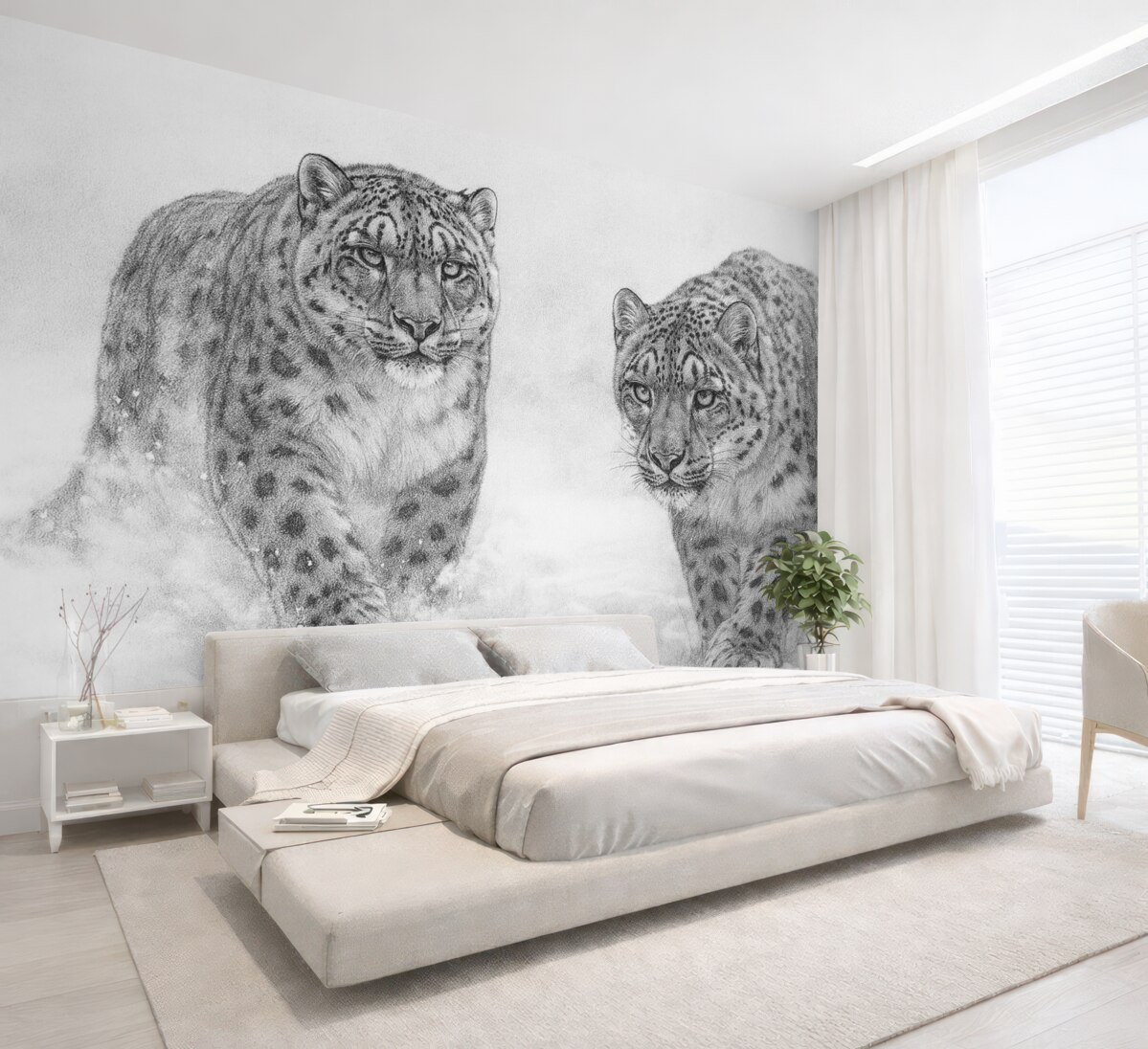 Fototapeta Pantery śnieżnobiałe, zima, dzikie zwierzęta, szkic ołówkiem, prostota.