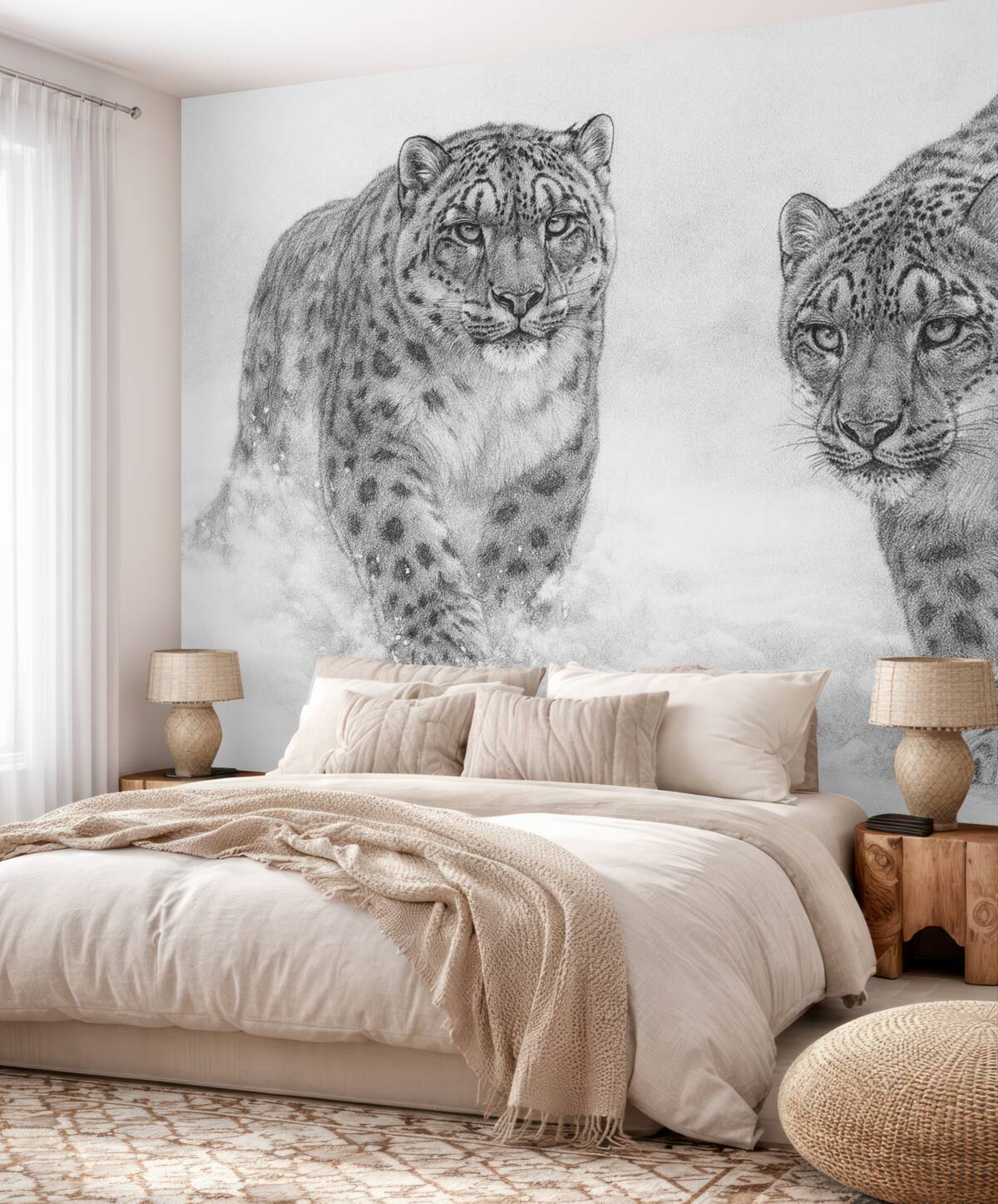 Fototapeta Pantery śnieżnobiałe, zima, dzikie zwierzęta, szkic ołówkiem, prostota.