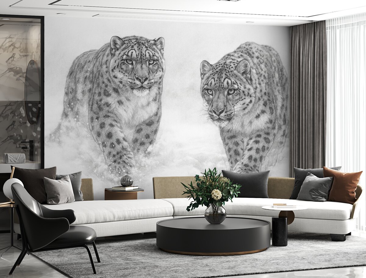 Fototapeta Pantery śnieżnobiałe, zima, dzikie zwierzęta, szkic ołówkiem, prostota.