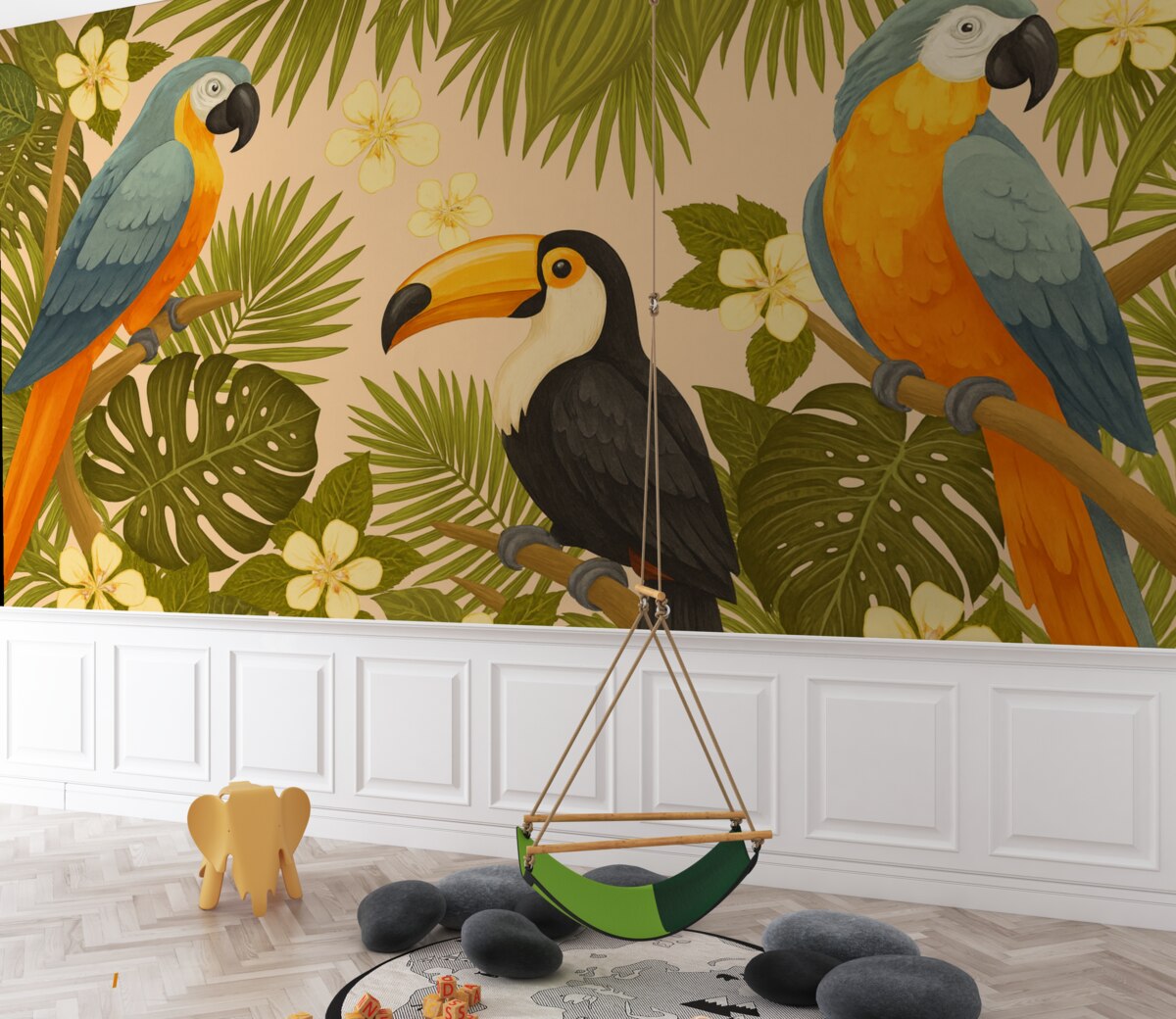 Fototapeta Jasne papugi i tukan w odcieniu żółtym.