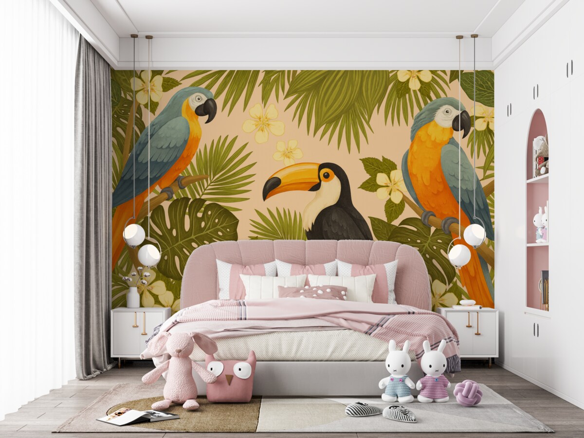 Fototapeta Jasne papugi i tukan w odcieniu żółtym.