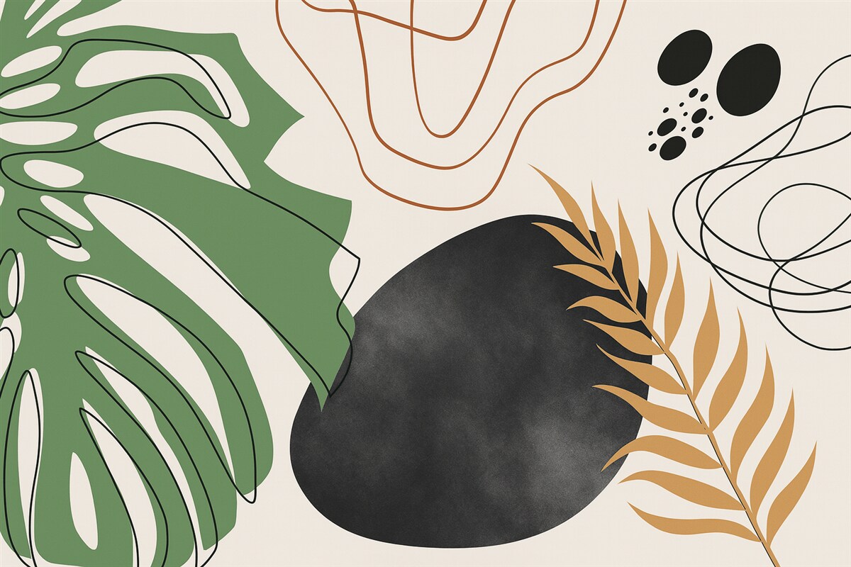 Fototapeta Tropikalny liść monstery, abstrakcyjne plamki i pasy.