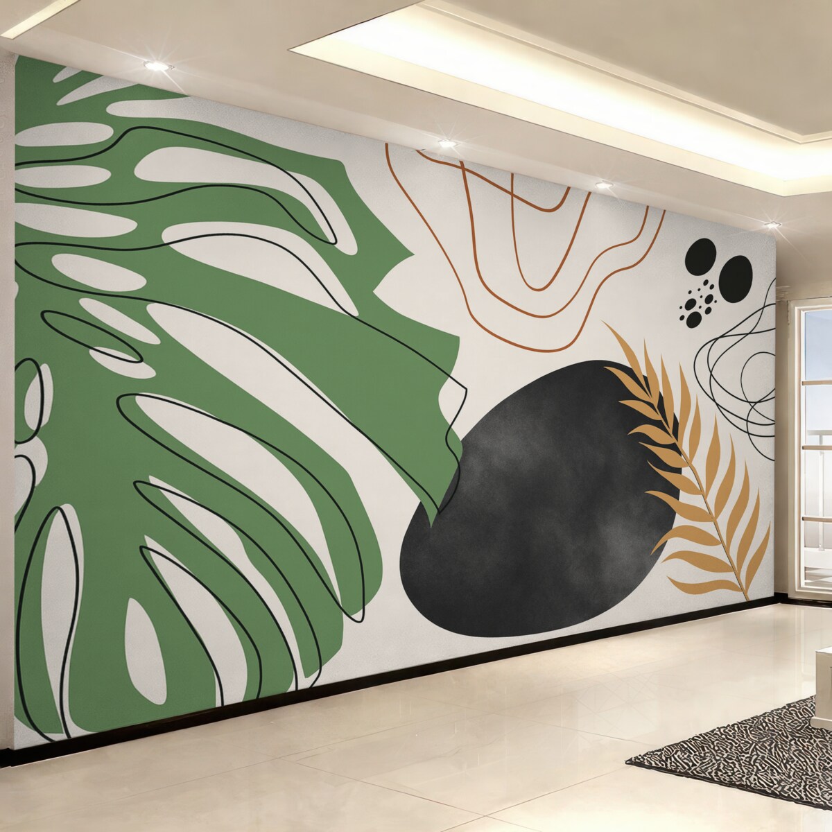 Fototapeta Tropikalny liść monstery, abstrakcyjne plamki i pasy.