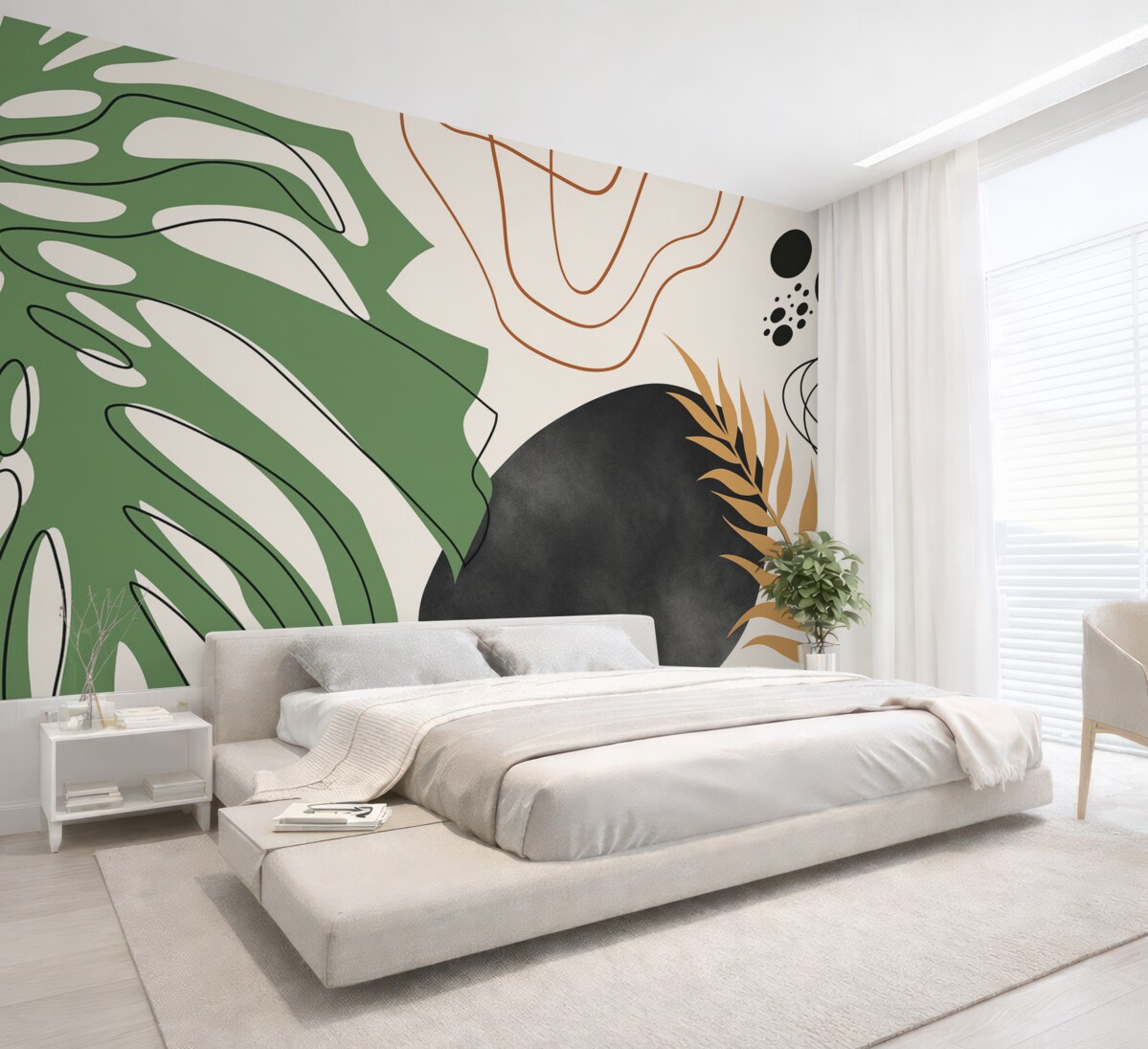 Fototapeta Tropikalny liść monstery, abstrakcyjne plamki i pasy.