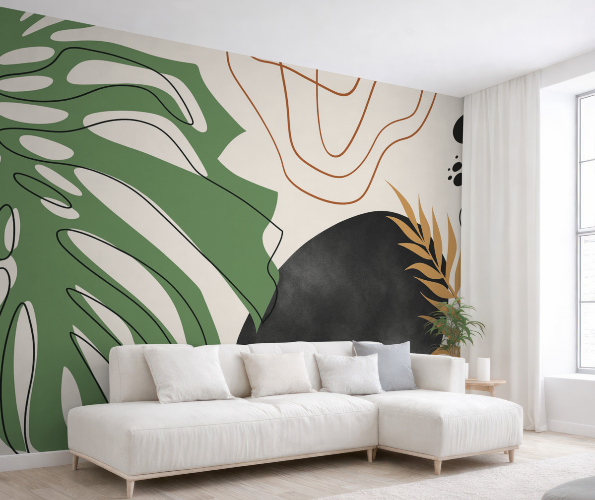 Fototapeta Tropikalny liść monstery, abstrakcyjne plamki i pasy.